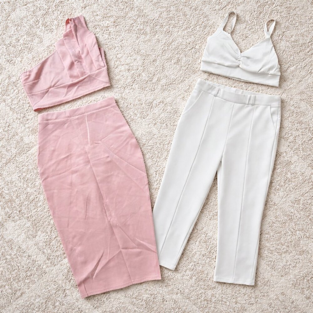Boohoo Women’s Outfit Bundle US 8 Pink Skirt Set & White Pants Set